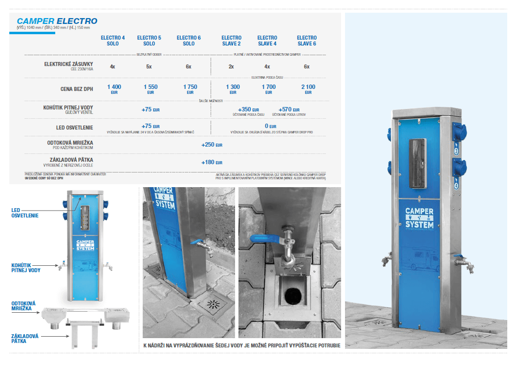 Cenník pre stĺpik Camper Electro a jeho vlastnosti